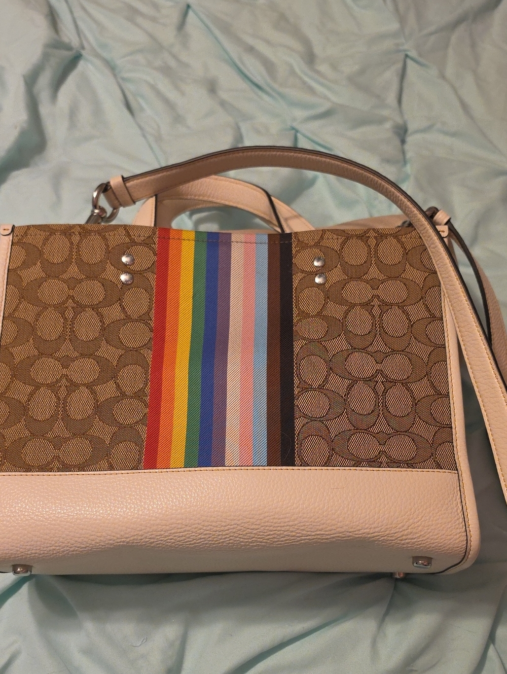 Coach Signature Canvas Tote with Rainbow Stripe and Cream Trim - Picture 2 of 4